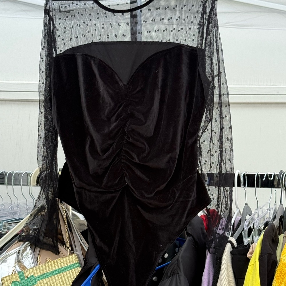 SHEIN Black Velvet Bodysuit with Sheer Polka Dot Sleeves